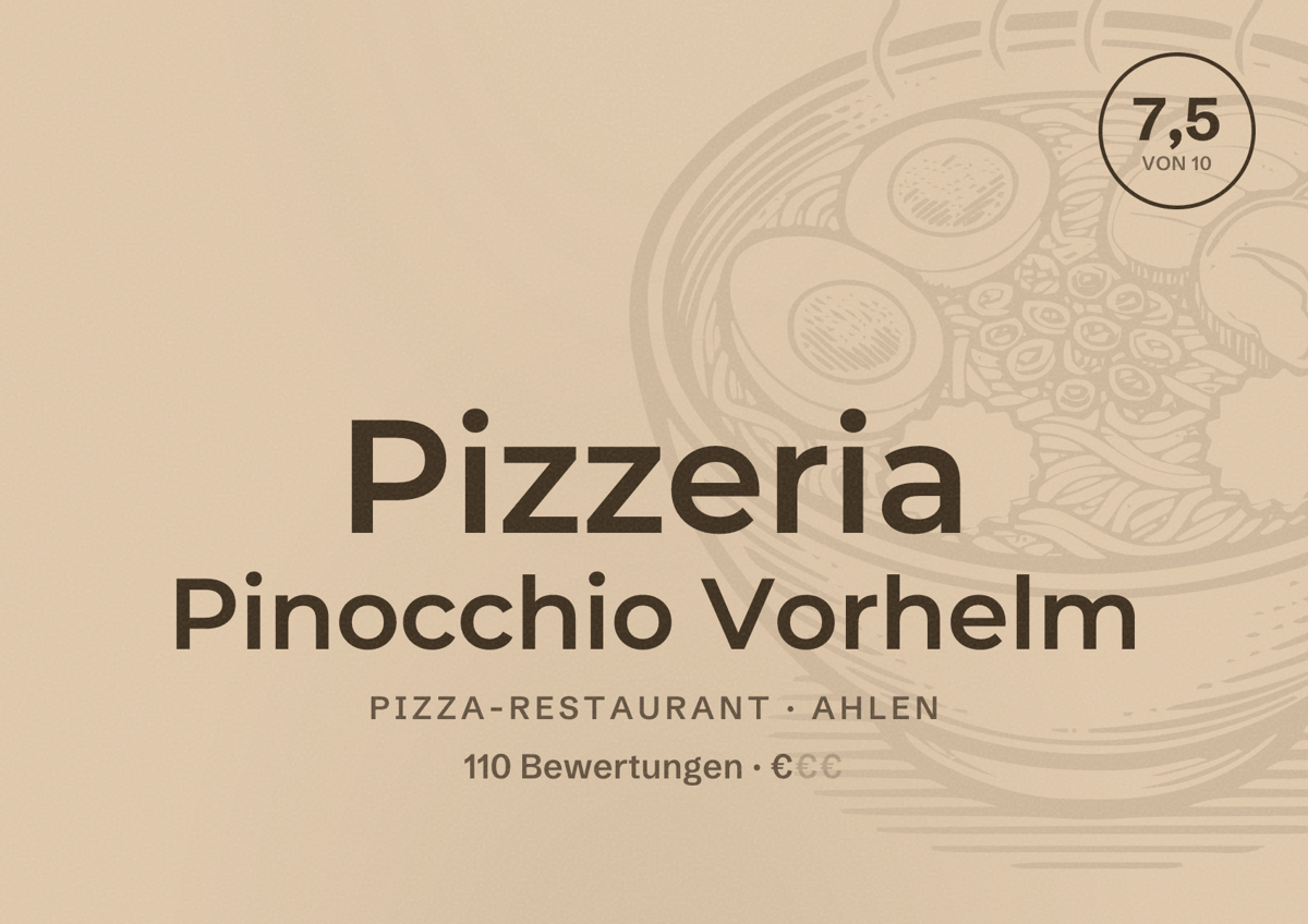Illustriertes Poster von Pizzeria Pinocchio Vorhelm, Pizza-Restaurant in Ahlen: Bewertung 7,5 von 10 aus 110 Bewertungen, Preisniveau €