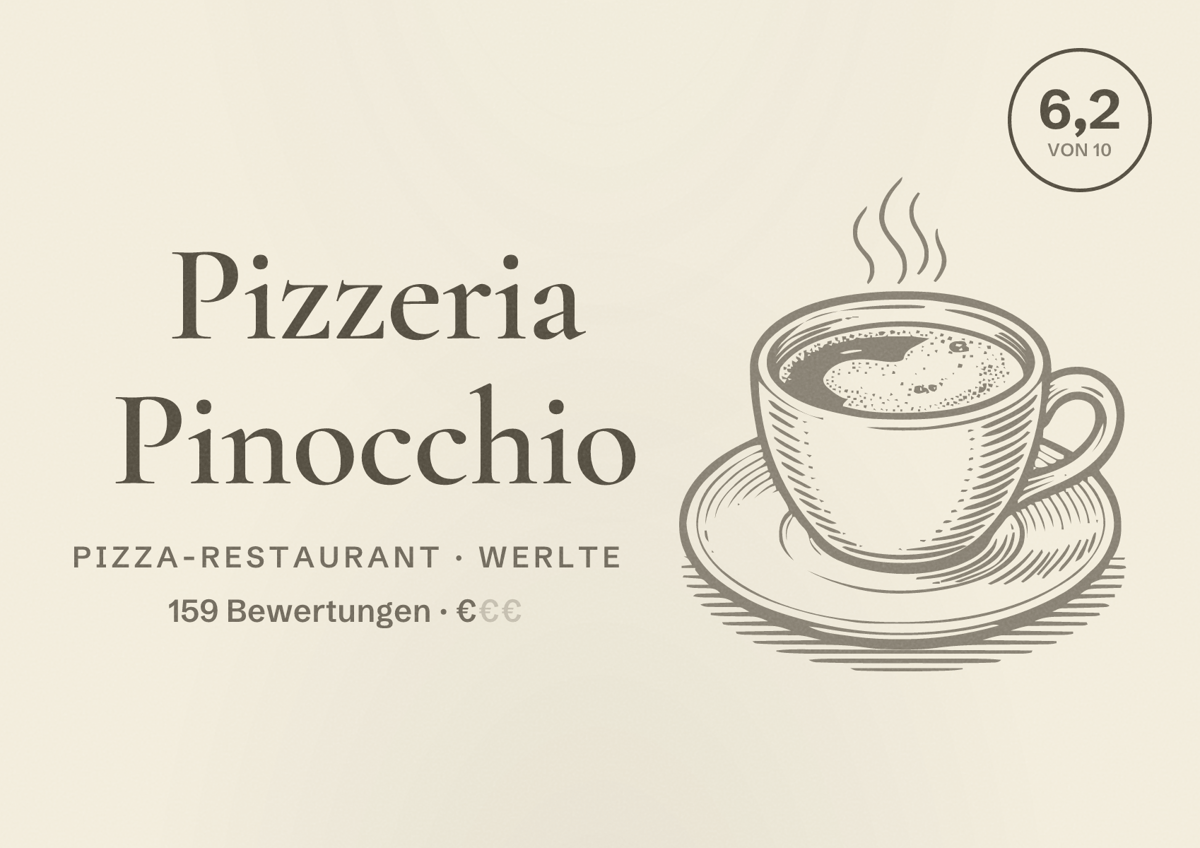 Illustriertes Poster von Pizzeria Pinocchio, Pizza-Restaurant in Werlte: Bewertung 6,2 von 10 aus 159 Bewertungen, Preisniveau €