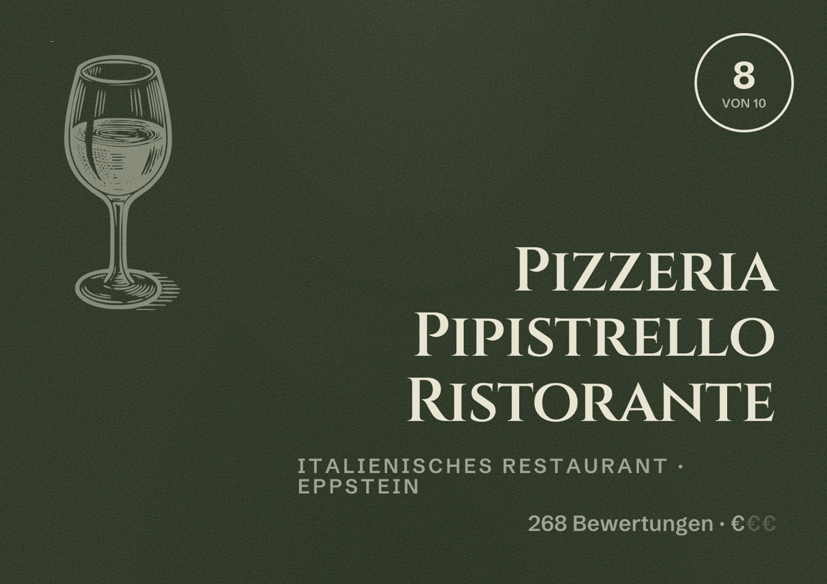 Illustriertes Poster von Pizzeria Pipistrello Ristorante, Italienisches Restaurant in Eppstein: Bewertung 8 von 10 aus 268 Bewertungen, Preisniveau €
