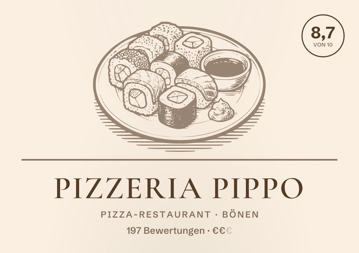 Illustriertes Poster von Pizzeria Pippo, Pizza-Restaurant in Bönen: Bewertung 8,7 von 10 aus 197 Bewertungen, Preisniveau €€