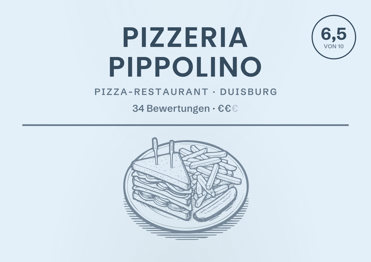 Illustriertes Poster von Pizzeria Pippolino, Pizza-Restaurant in Duisburg: Bewertung 6,5 von 10 aus 34 Bewertungen, Preisniveau €€