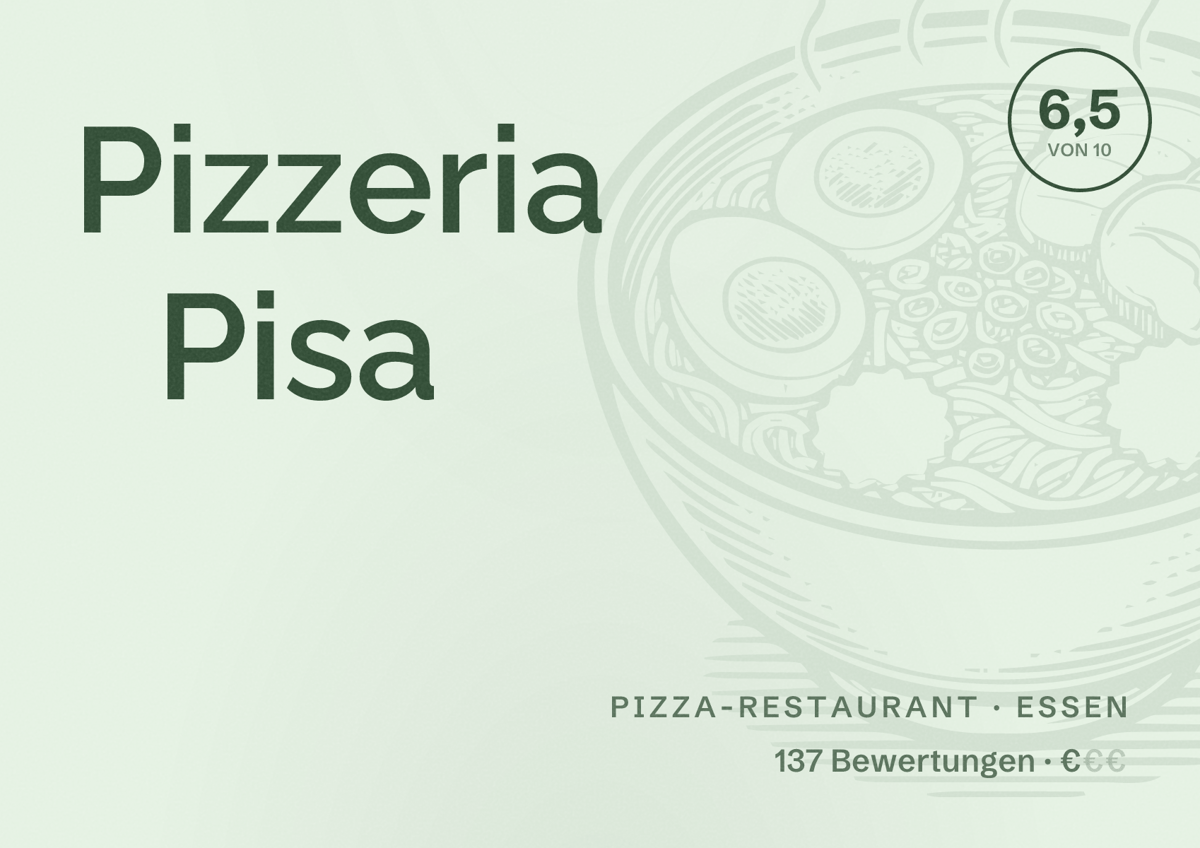 Illustriertes Poster von Pizzeria Pisa, Pizza-Restaurant in Essen: Bewertung 6,5 von 10 aus 137 Bewertungen, Preisniveau €
