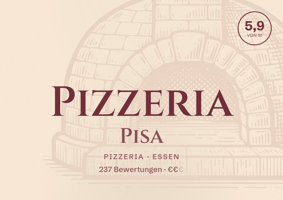 Illustriertes Poster von Pizzeria Pisa, Pizzeria in Essen: Bewertung 5,9 von 10 aus 237 Bewertungen, Preisniveau €€