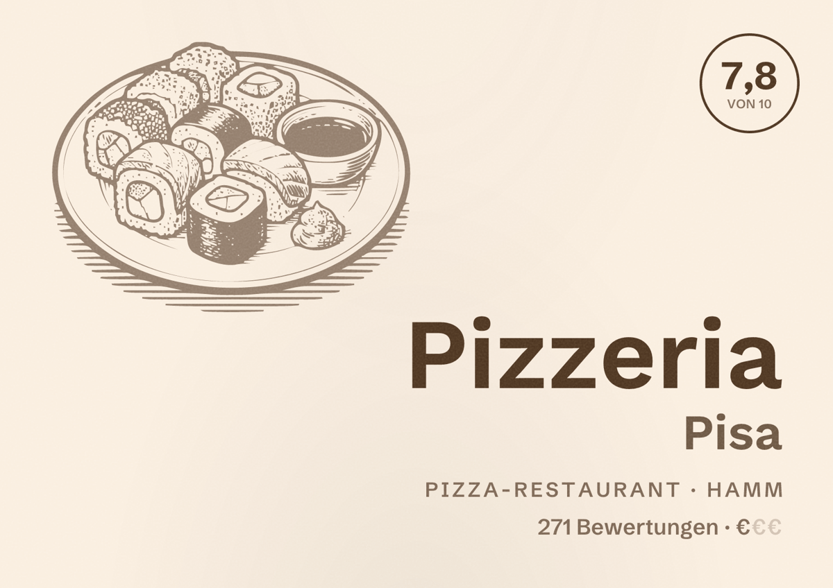 Illustriertes Poster von Pizzeria Pisa, Pizza-Restaurant in Hamm: Bewertung 7,8 von 10 aus 271 Bewertungen, Preisniveau €