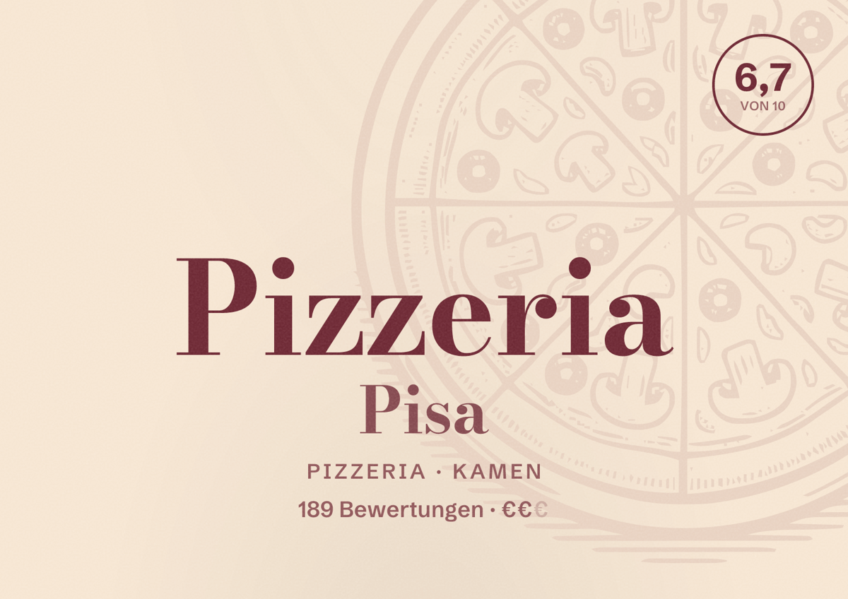 Illustriertes Poster von Pizzeria Pisa, Pizzeria in Kamen: Bewertung 6,7 von 10 aus 189 Bewertungen, Preisniveau €€