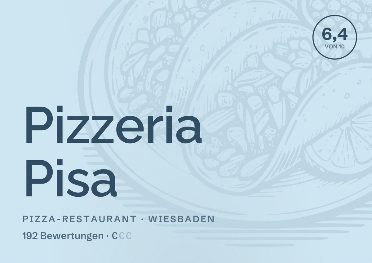 Illustriertes Poster von Pizzeria Pisa, Pizza-Restaurant in Wiesbaden: Bewertung 6,4 von 10 aus 192 Bewertungen, Preisniveau €