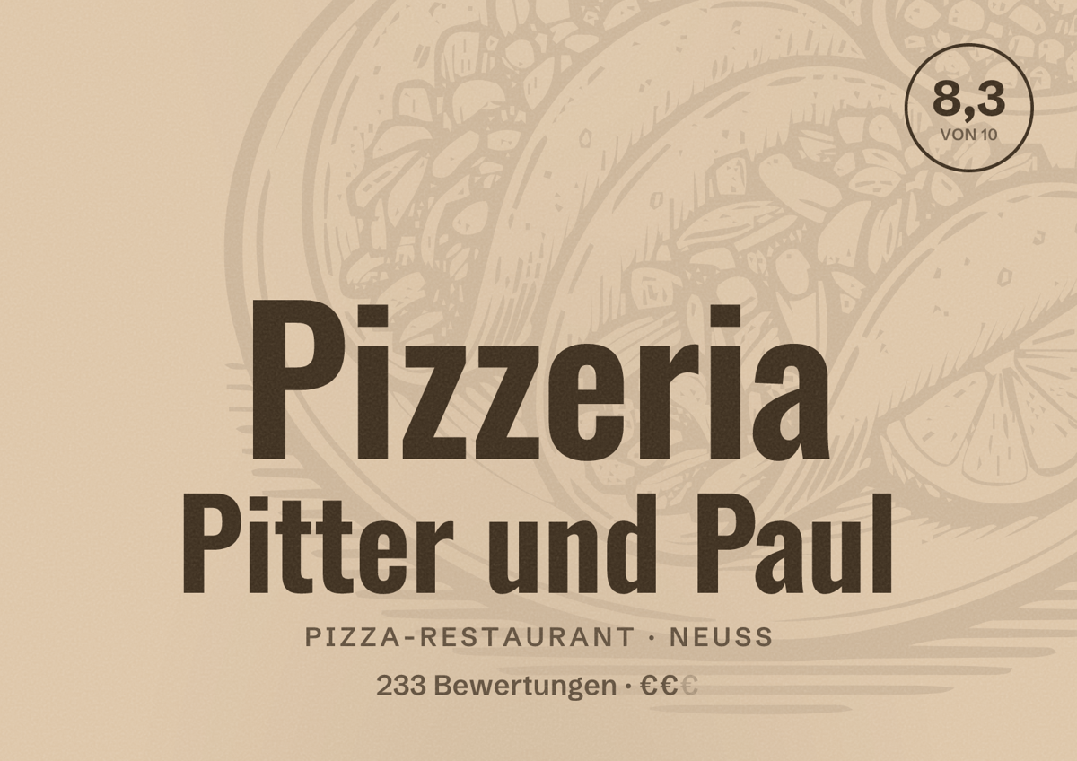 Illustriertes Poster von Pizzeria Pitter und Paul, Pizza-Restaurant in Neuss: Bewertung 8,3 von 10 aus 233 Bewertungen, Preisniveau €€