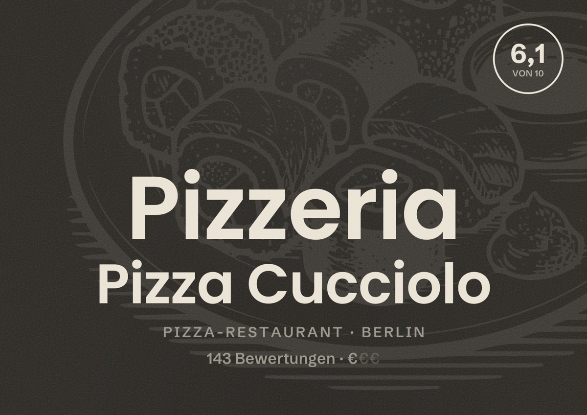 Illustriertes Poster von Pizzeria Pizza Cucciolo, Pizza-Restaurant in Berlin: Bewertung 6,1 von 10 aus 143 Bewertungen, Preisniveau €