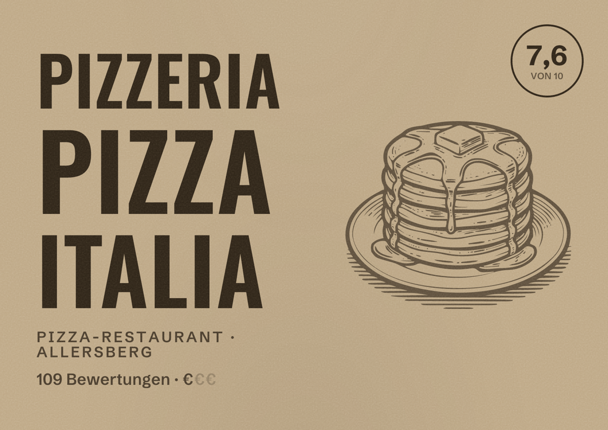 Illustriertes Poster von Pizzeria Pizza Italia, Pizza-Restaurant in Allersberg: Bewertung 7,6 von 10 aus 109 Bewertungen, Preisniveau €