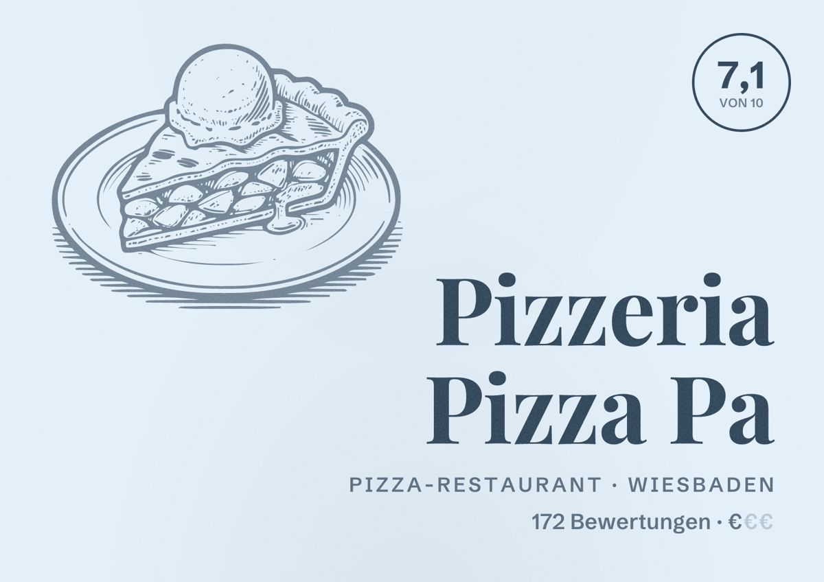 Illustriertes Poster von Pizzeria Pizza Pa, Pizza-Restaurant in Wiesbaden: Bewertung 7,1 von 10 aus 172 Bewertungen, Preisniveau €
