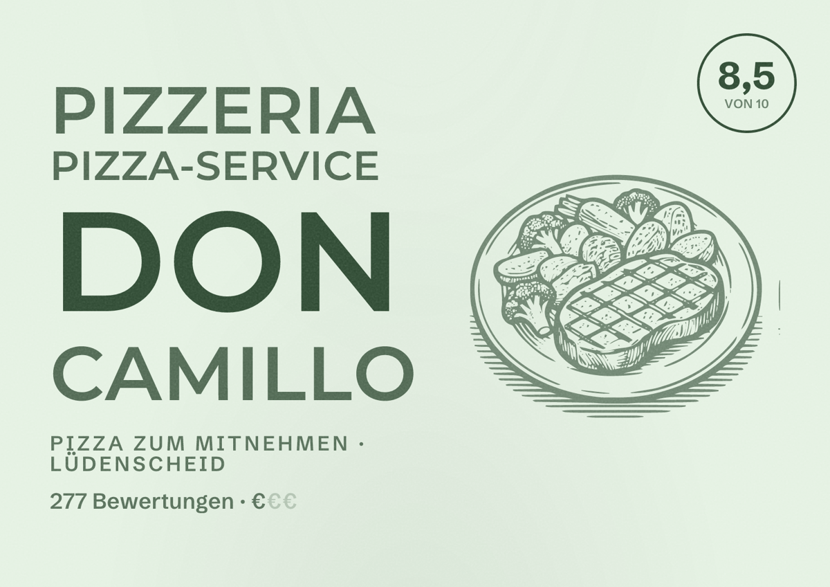 Illustriertes Poster von Pizzeria Pizza-Service Don Camillo, Pizza zum Mitnehmen in Lüdenscheid: Bewertung 8,5 von 10 aus 277 Bewertungen, Preisniveau €