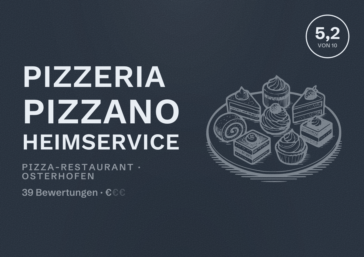 Illustriertes Poster von Pizzeria Pizzano Heimservice, Pizza-Restaurant in Osterhofen: Bewertung 5,2 von 10 aus 39 Bewertungen, Preisniveau €