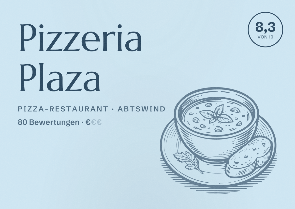 Illustriertes Poster von Pizzeria Plaza, Pizza-Restaurant in Abtswind: Bewertung 8,3 von 10 aus 80 Bewertungen, Preisniveau €