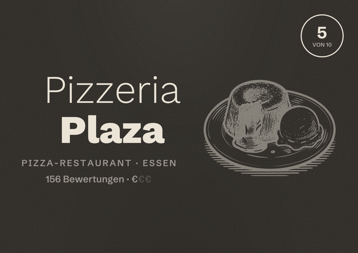 Illustriertes Poster von Pizzeria Plaza, Pizza-Restaurant in Essen: Bewertung 5 von 10 aus 156 Bewertungen, Preisniveau €