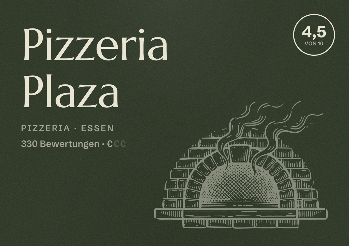 Illustriertes Poster von Pizzeria Plaza, Pizzeria in Essen: Bewertung 4,5 von 10 aus 330 Bewertungen, Preisniveau €