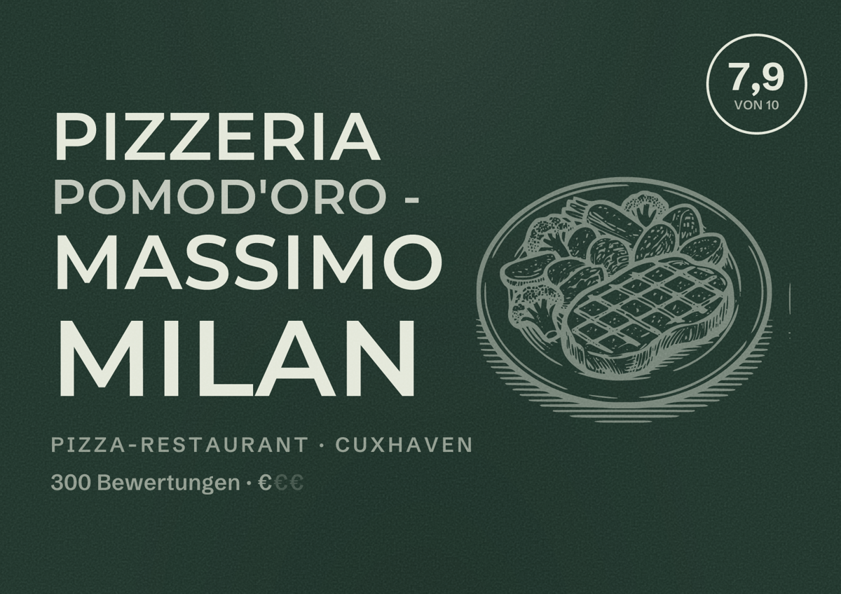 Illustriertes Poster von Pizzeria Pomod'oro - Massimo Milan, Pizza-Restaurant in Cuxhaven: Bewertung 7,9 von 10 aus 300 Bewertungen, Preisniveau €