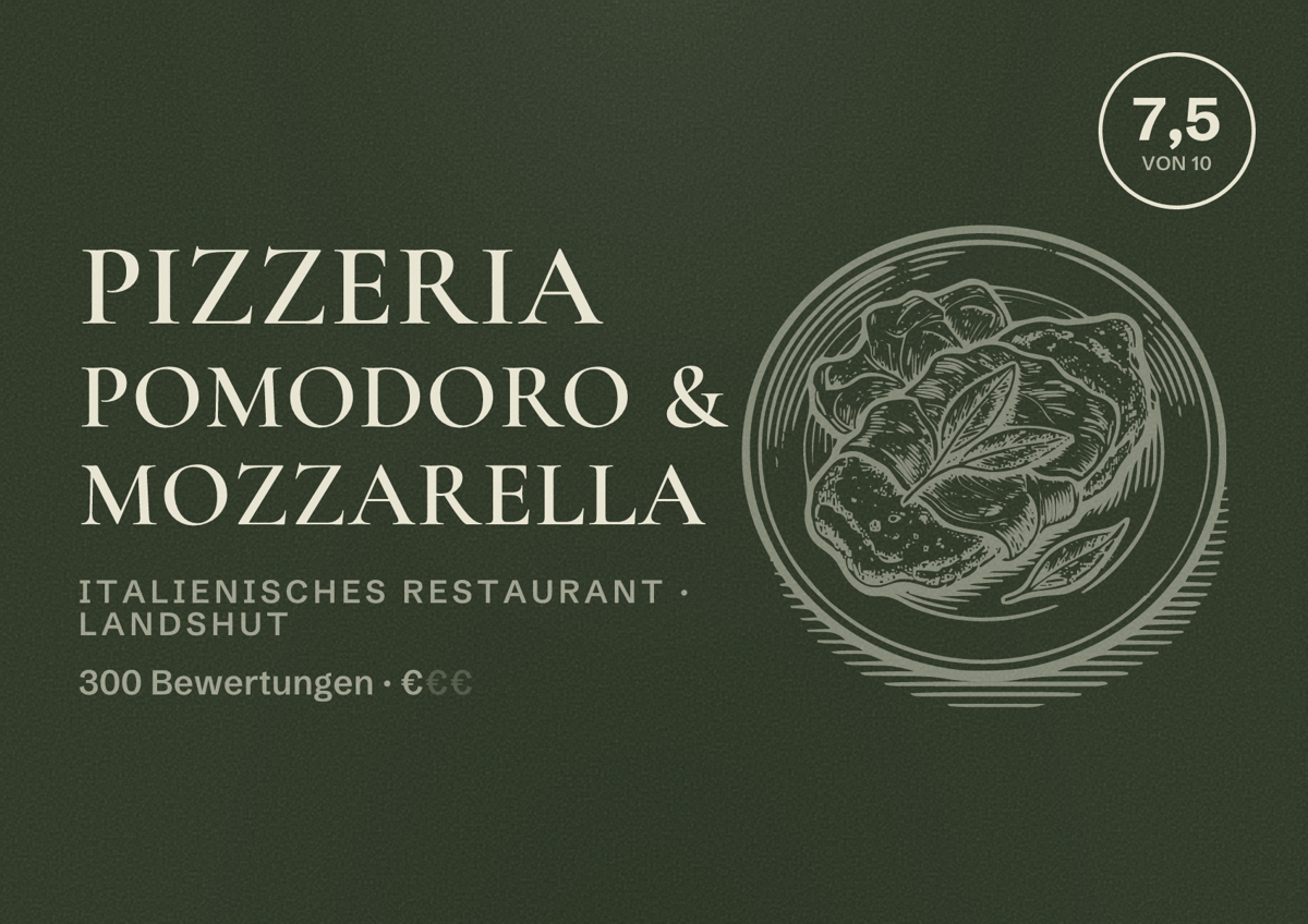 Illustriertes Poster von Pizzeria Pomodoro & Mozzarella, Italienisches Restaurant in Landshut: Bewertung 7,5 von 10 aus 300 Bewertungen, Preisniveau €