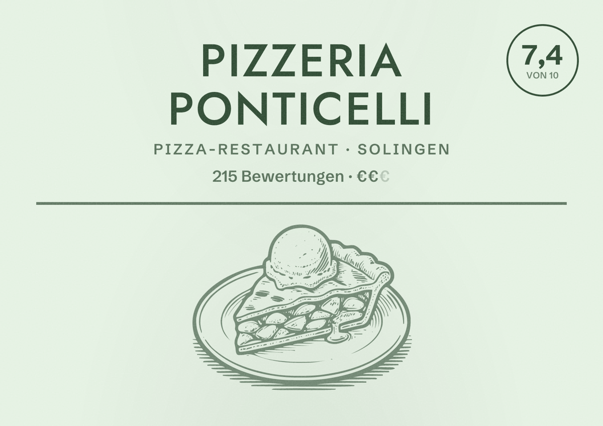 Illustriertes Poster von Pizzeria Ponticelli, Pizza-Restaurant in Solingen: Bewertung 7,4 von 10 aus 215 Bewertungen, Preisniveau €€