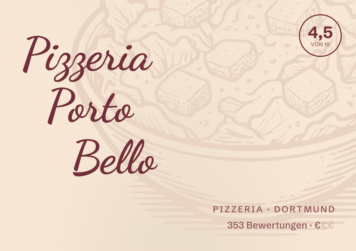 Illustriertes Poster von Pizzeria Porto Bello, Pizzeria in Dortmund: Bewertung 4,5 von 10 aus 353 Bewertungen, Preisniveau €
