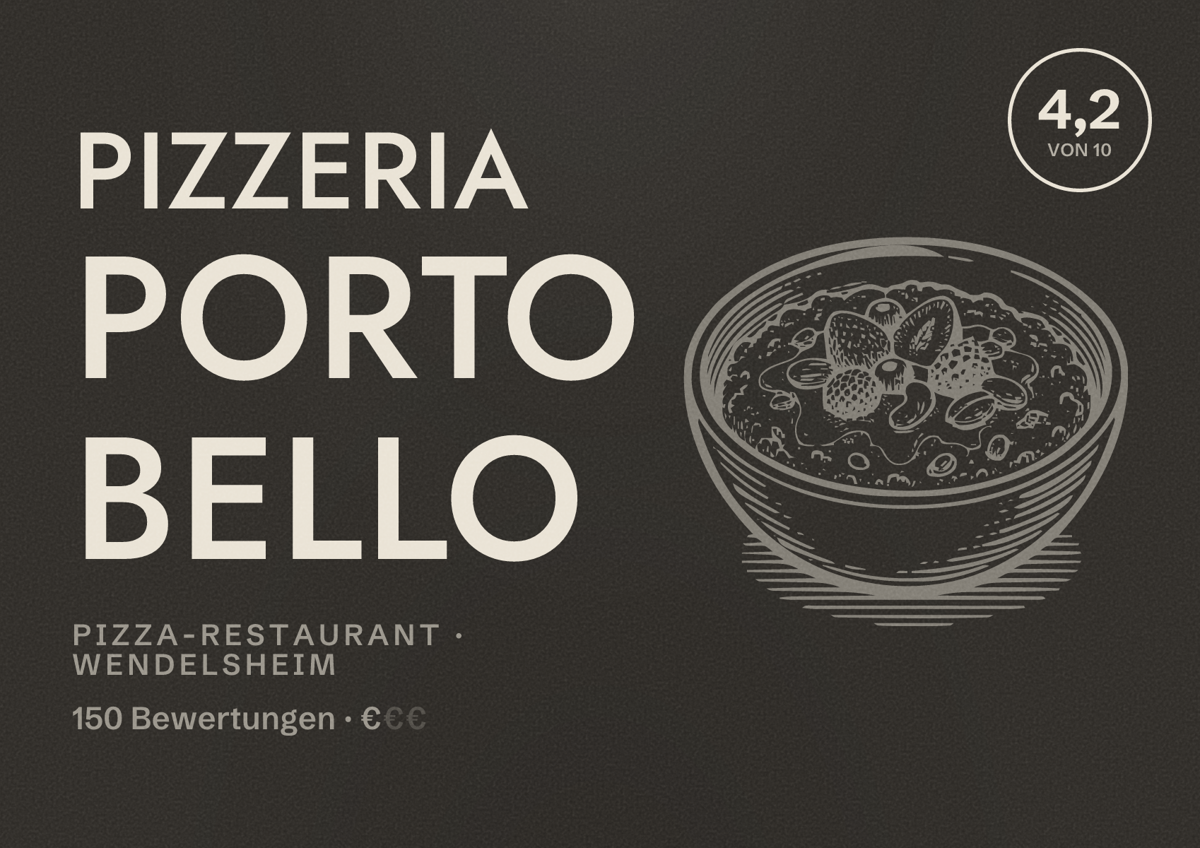Illustriertes Poster von Pizzeria Porto Bello, Pizza-Restaurant in Wendelsheim: Bewertung 4,2 von 10 aus 150 Bewertungen, Preisniveau €