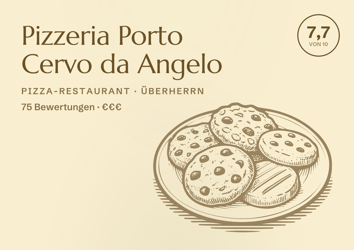 Illustriertes Poster von Pizzeria Porto Cervo da Angelo, Pizza-Restaurant in Überherrn: Bewertung 7,7 von 10 aus 75 Bewertungen, Preisniveau €€€