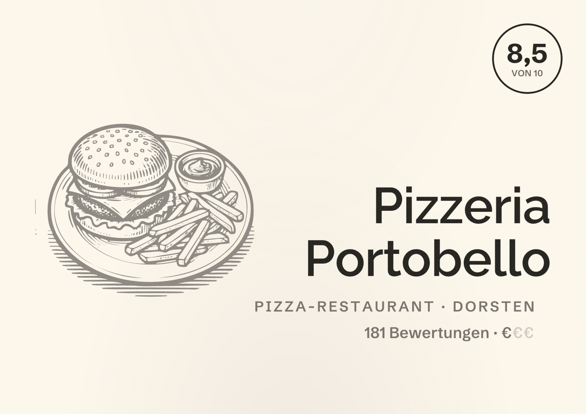 Illustriertes Poster von Pizzeria Portobello, Pizza-Restaurant in Dorsten: Bewertung 8,5 von 10 aus 181 Bewertungen, Preisniveau €