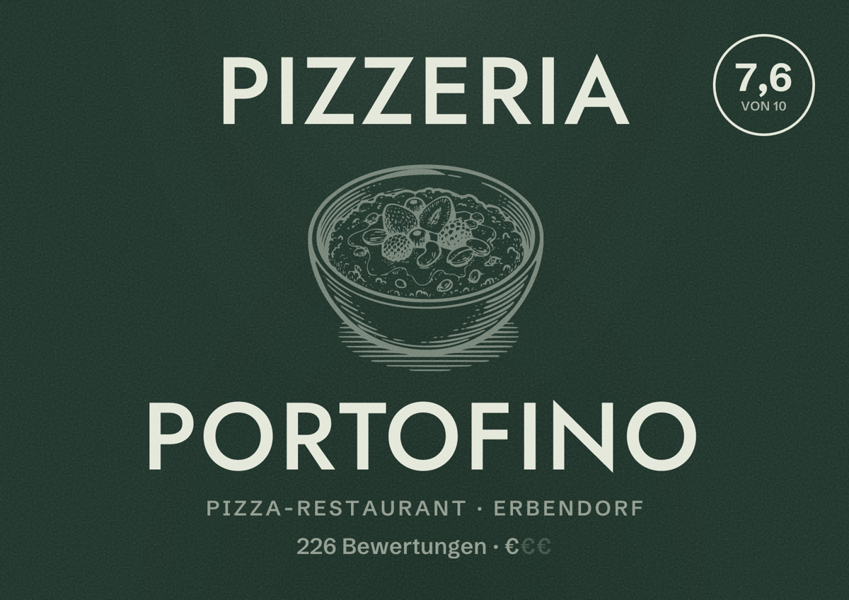 Illustriertes Poster von Pizzeria Portofino, Pizza-Restaurant in Erbendorf: Bewertung 7,6 von 10 aus 226 Bewertungen, Preisniveau €