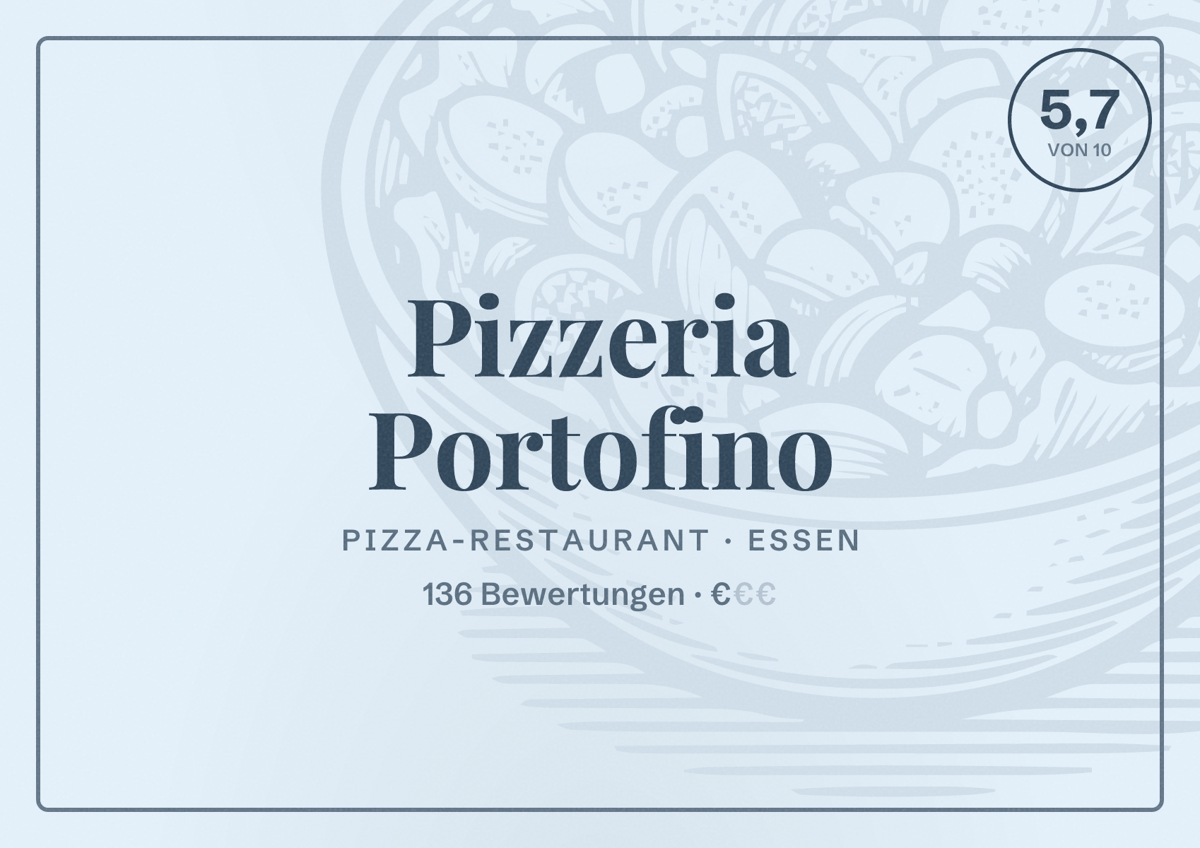 Illustriertes Poster von Pizzeria Portofino, Pizza-Restaurant in Essen: Bewertung 5,7 von 10 aus 136 Bewertungen, Preisniveau €
