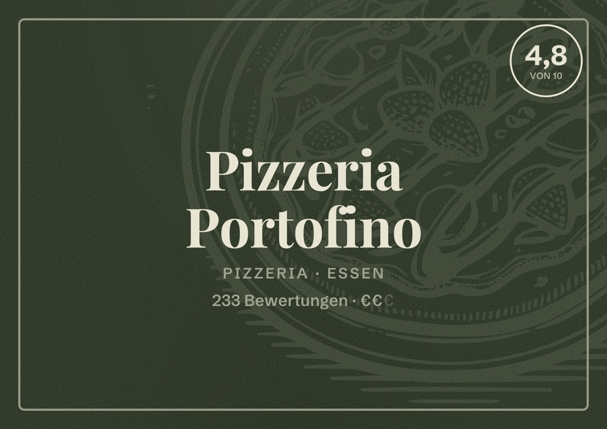 Illustriertes Poster von Pizzeria Portofino, Pizzeria in Essen: Bewertung 4,8 von 10 aus 233 Bewertungen, Preisniveau €€