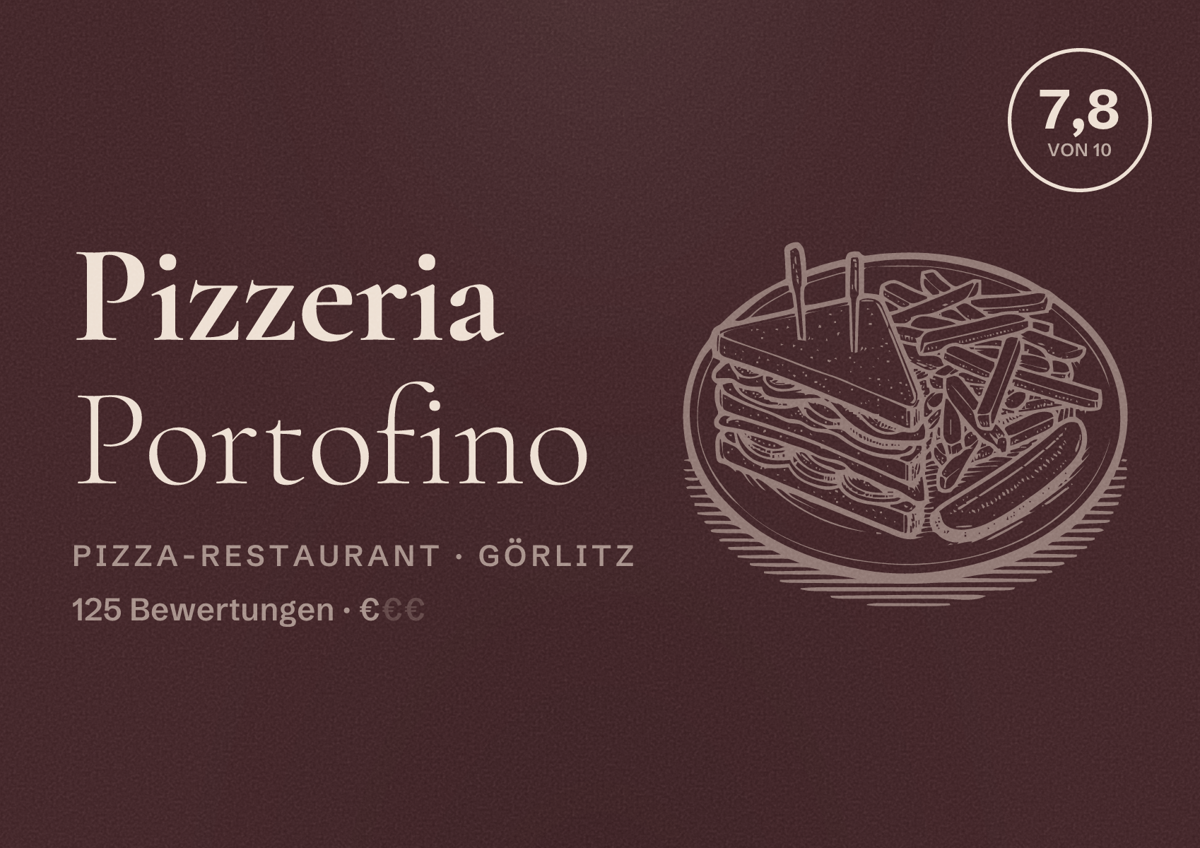 Illustriertes Poster von Pizzeria Portofino, Pizza-Restaurant in Görlitz: Bewertung 7,8 von 10 aus 125 Bewertungen, Preisniveau €