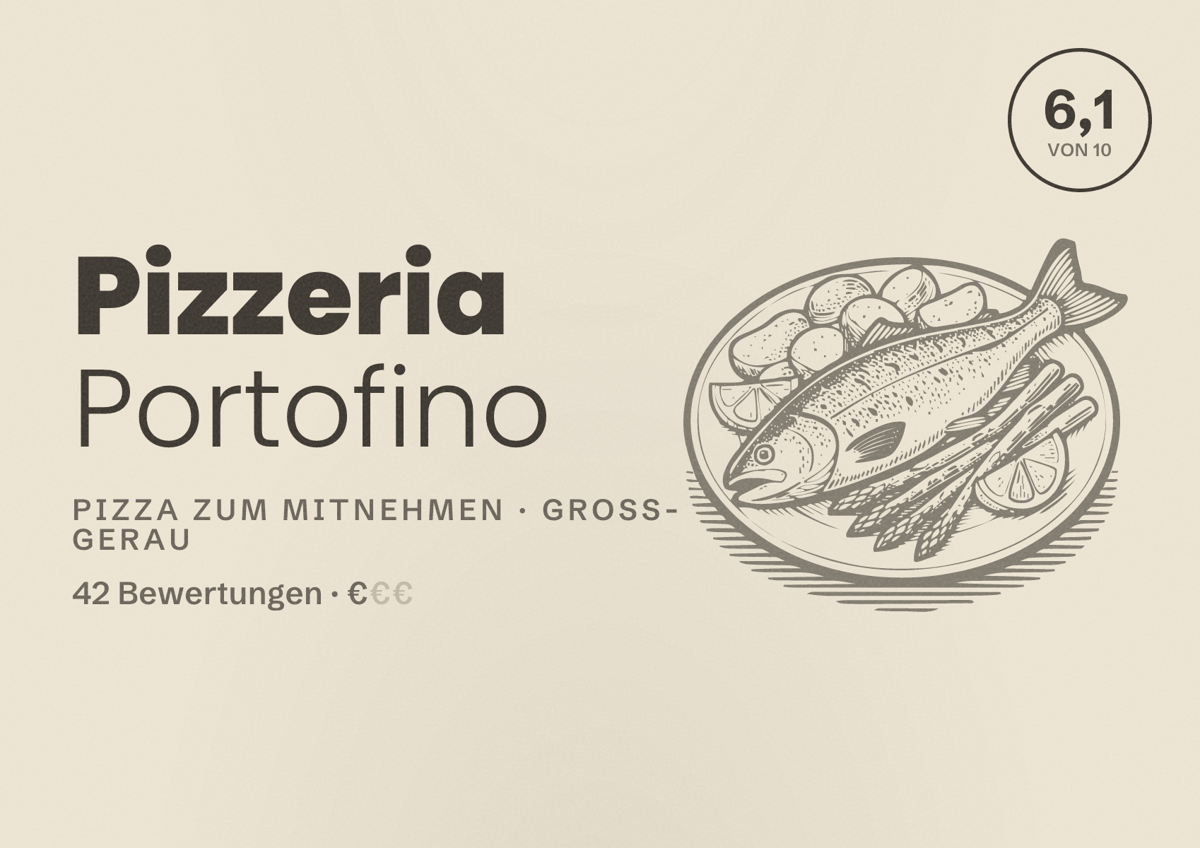 Illustriertes Poster von Pizzeria Portofino, Pizza zum Mitnehmen in Groß-Gerau: Bewertung 6,1 von 10 aus 42 Bewertungen, Preisniveau €