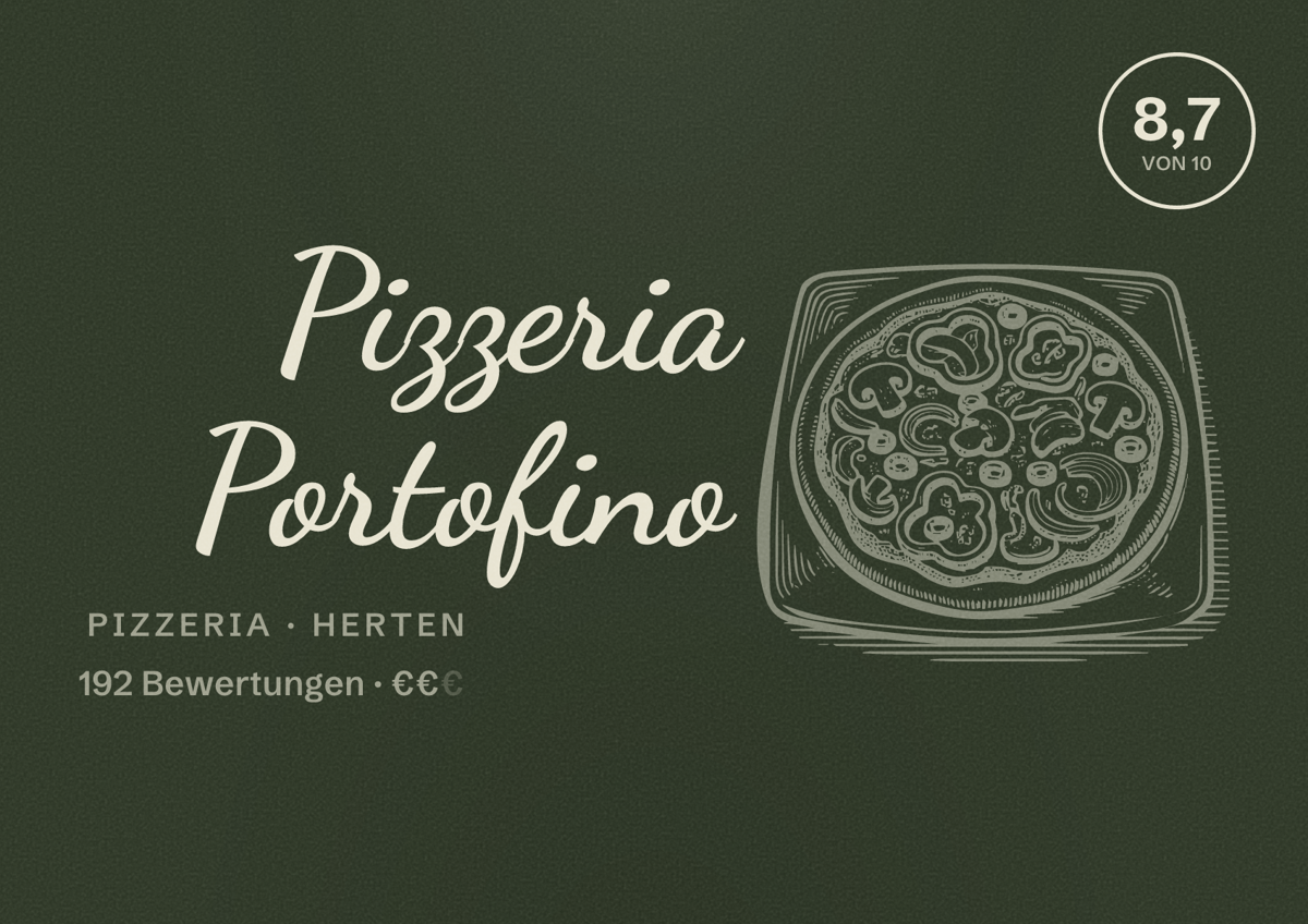 Illustriertes Poster von Pizzeria Portofino, Pizzeria in Herten: Bewertung 8,7 von 10 aus 192 Bewertungen, Preisniveau €€