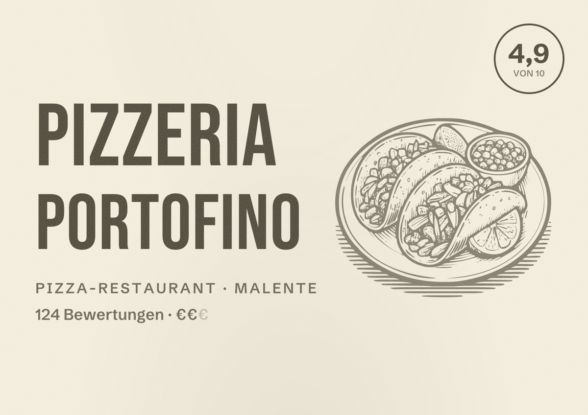 Illustriertes Poster von Pizzeria Portofino, Pizza-Restaurant in Malente: Bewertung 4,9 von 10 aus 124 Bewertungen, Preisniveau €€
