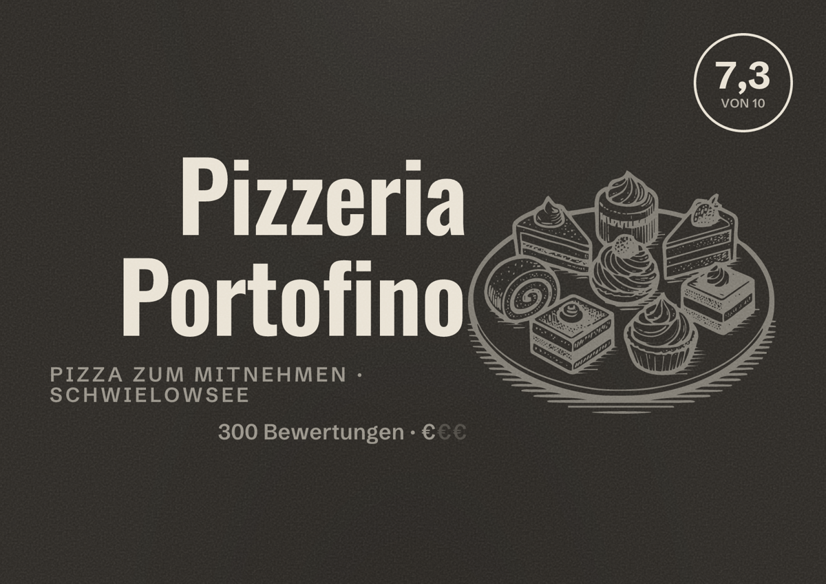 Illustriertes Poster von Pizzeria Portofino, Pizza zum Mitnehmen in Schwielowsee: Bewertung 7,3 von 10 aus 300 Bewertungen, Preisniveau €