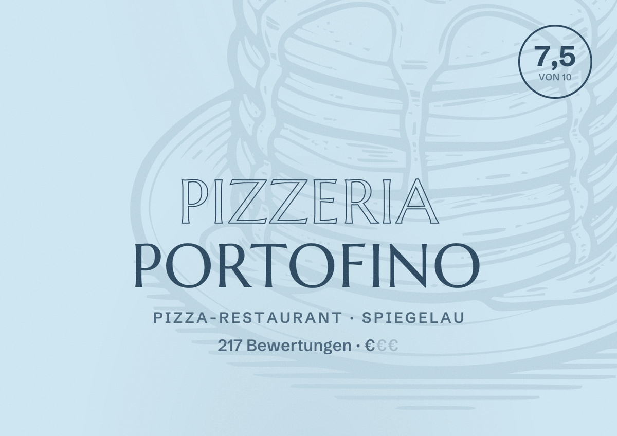 Illustriertes Poster von Pizzeria Portofino, Pizza-Restaurant in Spiegelau: Bewertung 7,5 von 10 aus 217 Bewertungen, Preisniveau €