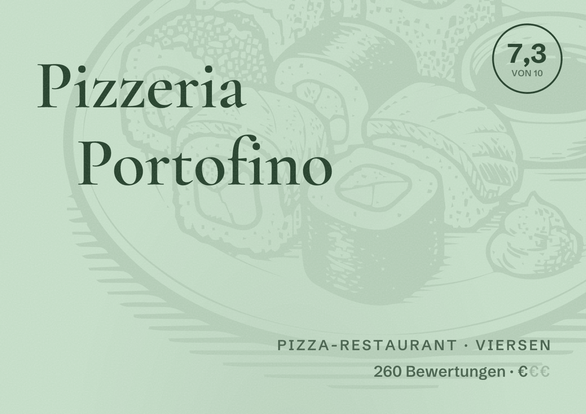Illustriertes Poster von Pizzeria Portofino, Pizza-Restaurant in Viersen: Bewertung 7,3 von 10 aus 260 Bewertungen, Preisniveau €