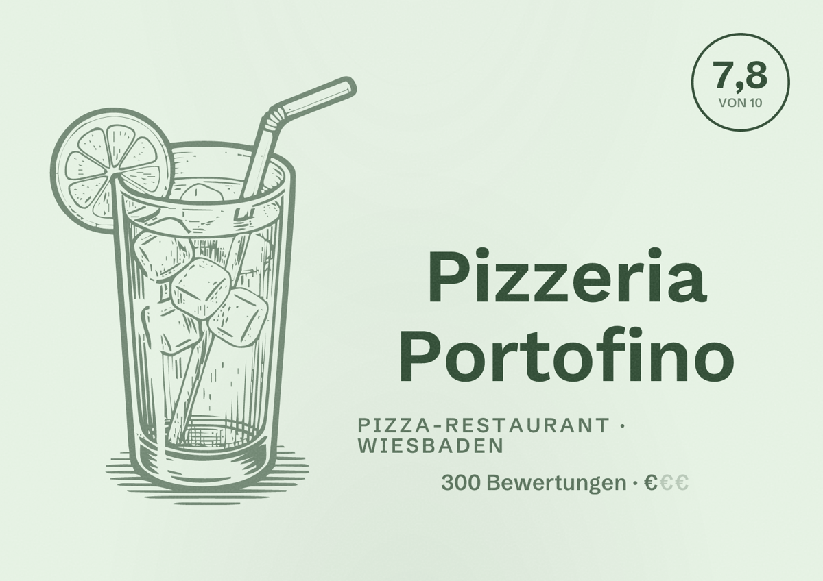 Illustriertes Poster von Pizzeria Portofino, Pizza-Restaurant in Wiesbaden: Bewertung 7,8 von 10 aus 300 Bewertungen, Preisniveau €