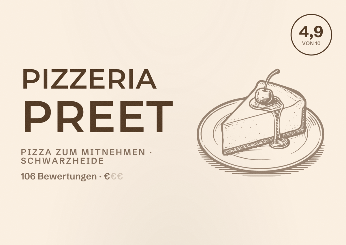 Illustriertes Poster von Pizzeria Preet, Pizza zum Mitnehmen in Schwarzheide: Bewertung 4,9 von 10 aus 106 Bewertungen, Preisniveau €