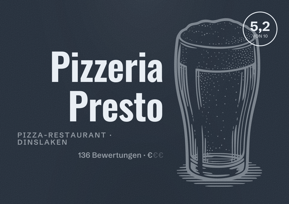 Illustriertes Poster von Pizzeria Presto, Pizza-Restaurant in Dinslaken: Bewertung 5,2 von 10 aus 136 Bewertungen, Preisniveau €