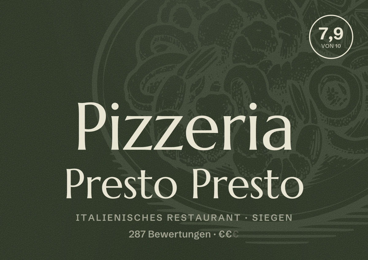 Illustriertes Poster von Pizzeria Presto Presto, Italienisches Restaurant in Siegen: Bewertung 7,9 von 10 aus 287 Bewertungen, Preisniveau €€