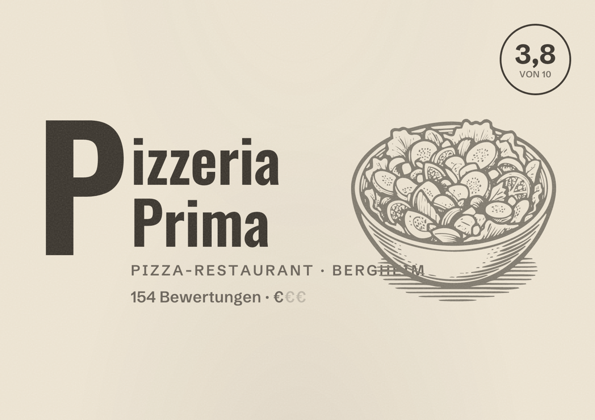 Illustriertes Poster von Pizzeria Prima, Pizza-Restaurant in Bergheim: Bewertung 3,8 von 10 aus 154 Bewertungen, Preisniveau €