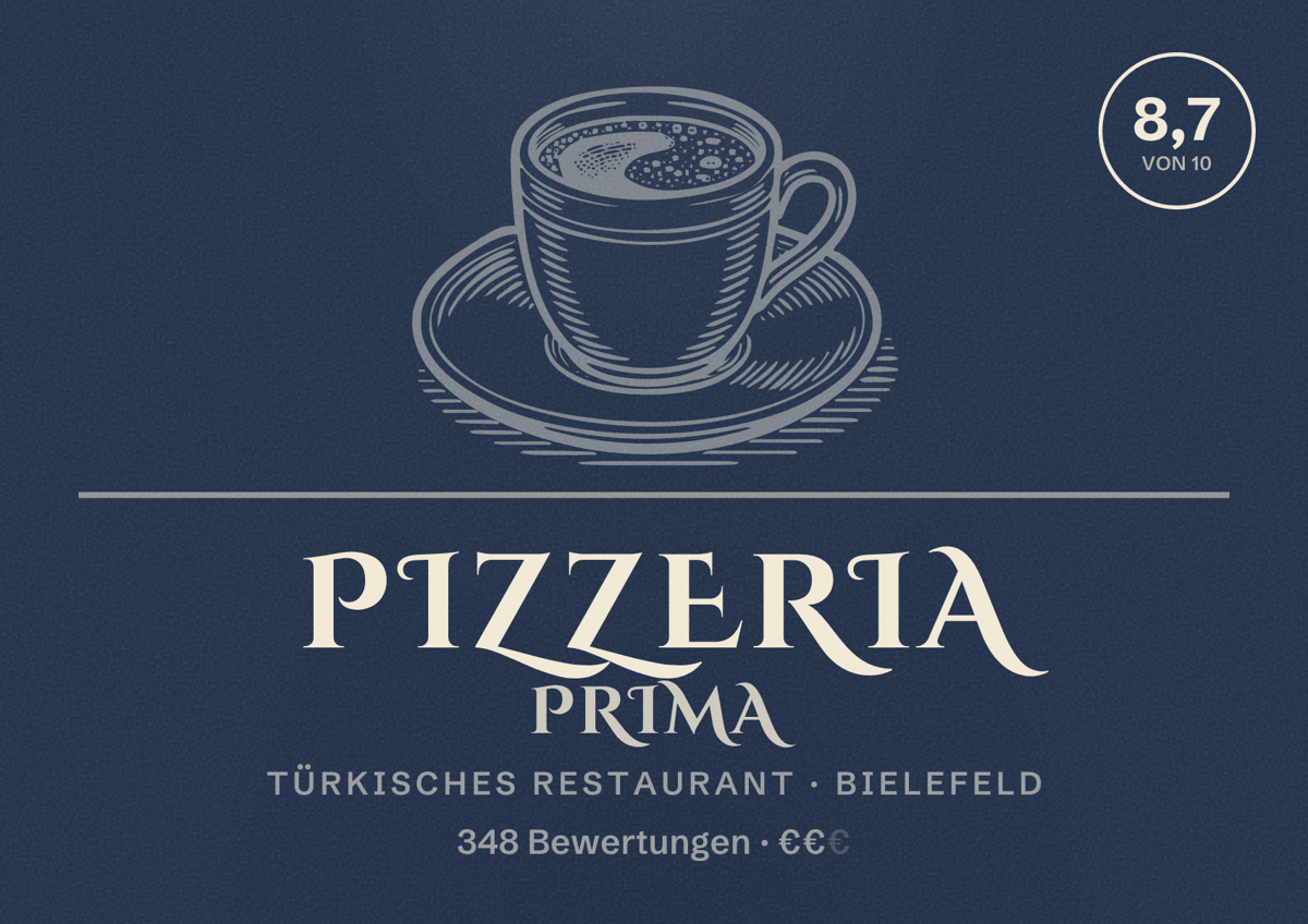 Illustriertes Poster von Pizzeria Prima, Türkisches Restaurant in Bielefeld: Bewertung 8,7 von 10 aus 348 Bewertungen, Preisniveau €€
