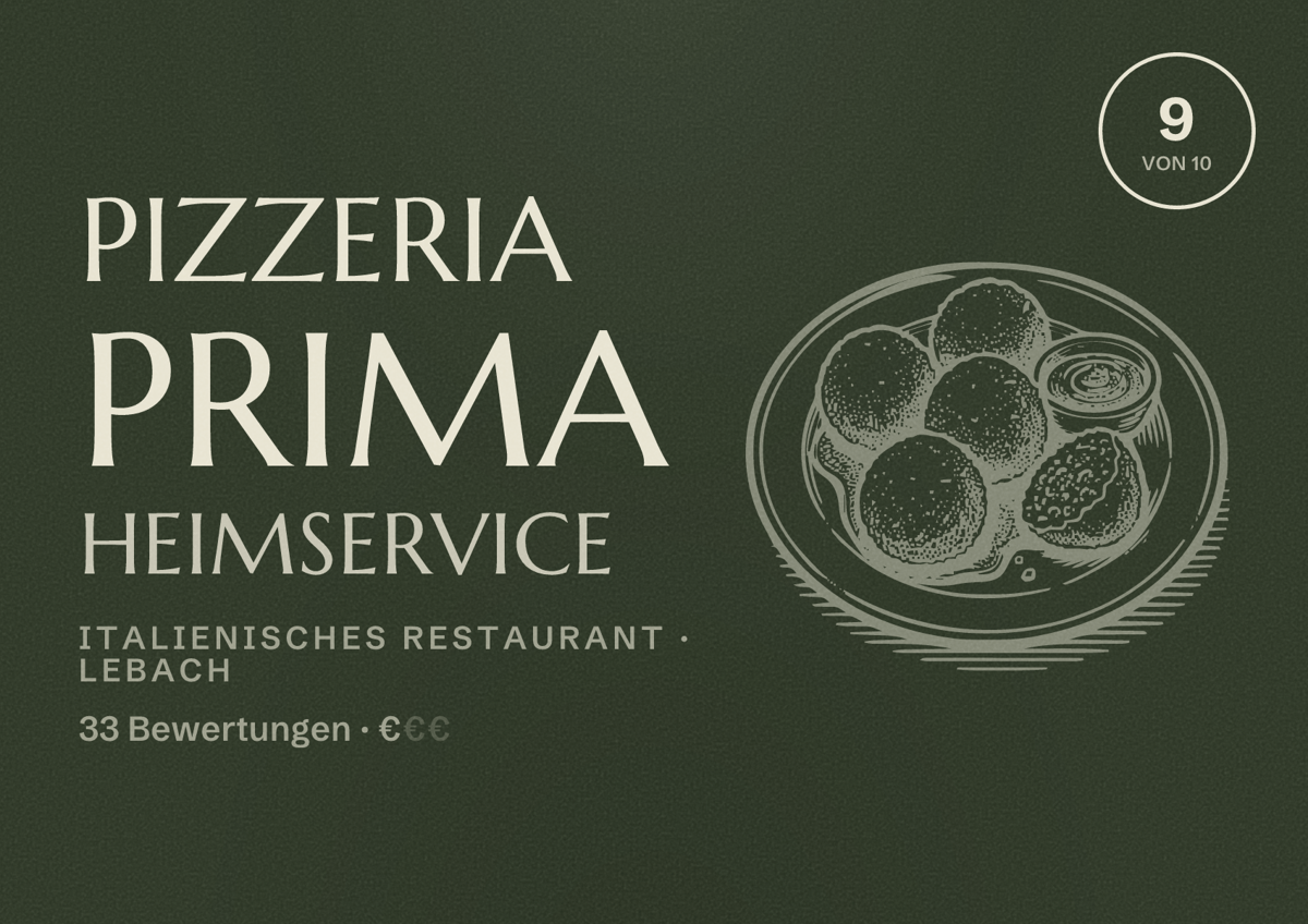 Illustriertes Poster von Pizzeria Prima Heimservice, Italienisches Restaurant in Lebach: Bewertung 9 von 10 aus 33 Bewertungen, Preisniveau €