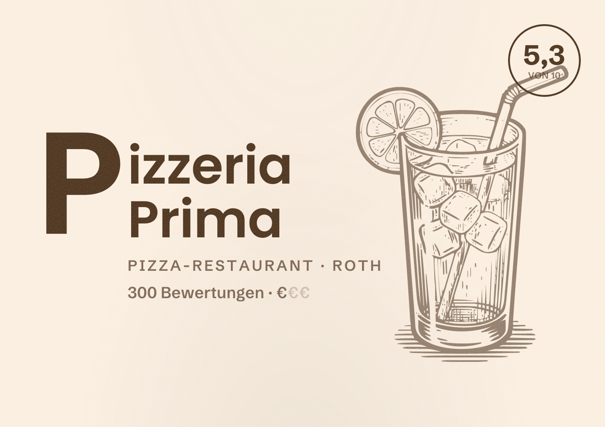 Illustriertes Poster von Pizzeria Prima, Pizza-Restaurant in Roth: Bewertung 5,3 von 10 aus 300 Bewertungen, Preisniveau €