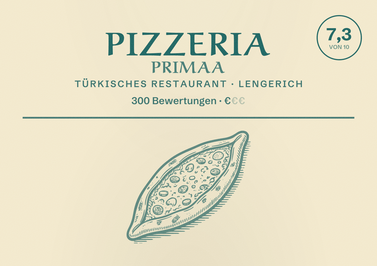 Illustriertes Poster von PIZZERIA PRIMAA, Türkisches Restaurant in Lengerich: Bewertung 7,3 von 10 aus 300 Bewertungen, Preisniveau €