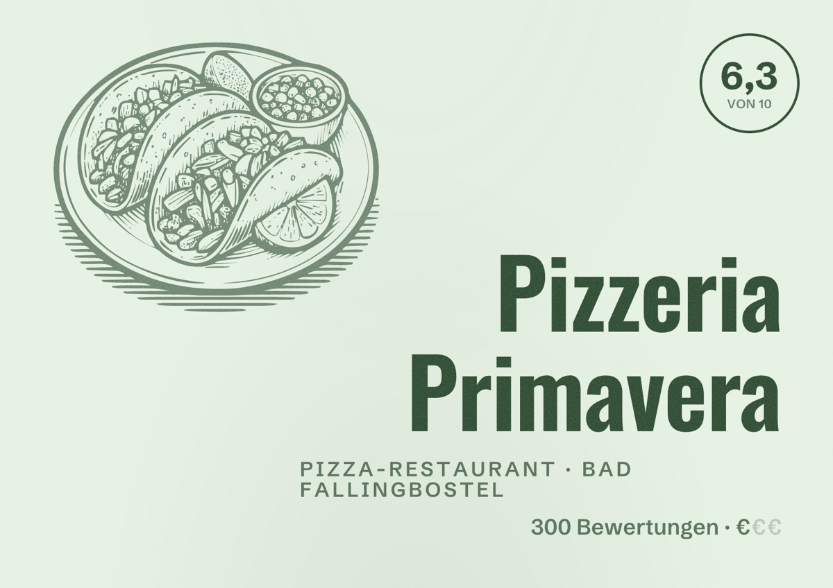 Illustriertes Poster von Pizzeria Primavera, Pizza-Restaurant in Bad Fallingbostel: Bewertung 6,3 von 10 aus 300 Bewertungen, Preisniveau €