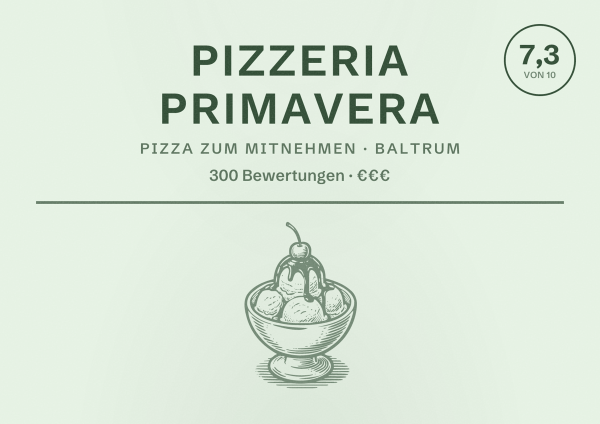 Illustriertes Poster von Pizzeria Primavera, Pizza zum Mitnehmen in Baltrum: Bewertung 7,3 von 10 aus 300 Bewertungen, Preisniveau €€€