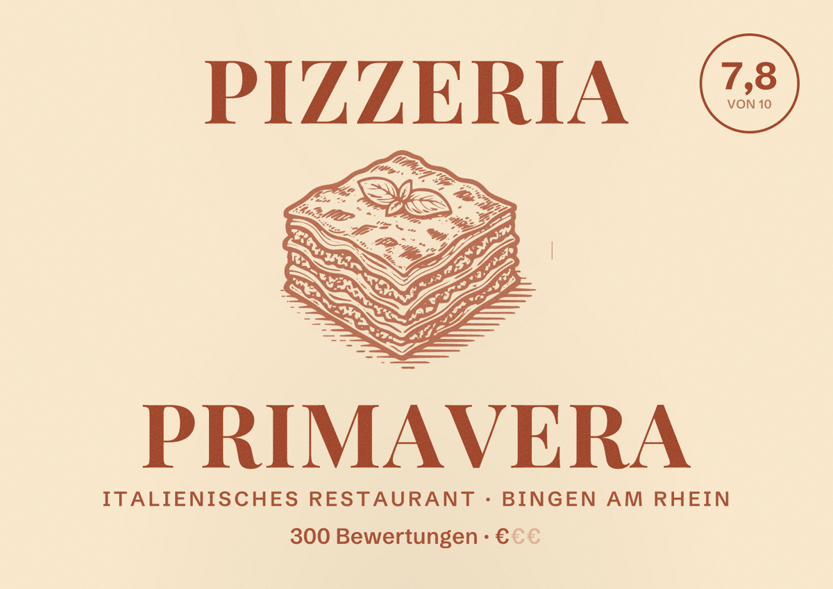 Illustriertes Poster von Pizzeria Primavera, Italienisches Restaurant in Bingen am Rhein: Bewertung 7,8 von 10 aus 300 Bewertungen, Preisniveau €