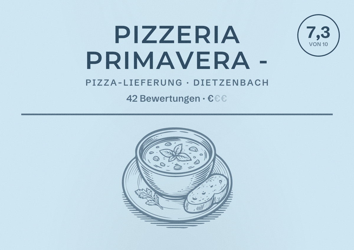 Illustriertes Poster von Pizzeria Primavera -, Pizza-Lieferung in Dietzenbach: Bewertung 7,3 von 10 aus 42 Bewertungen, Preisniveau €