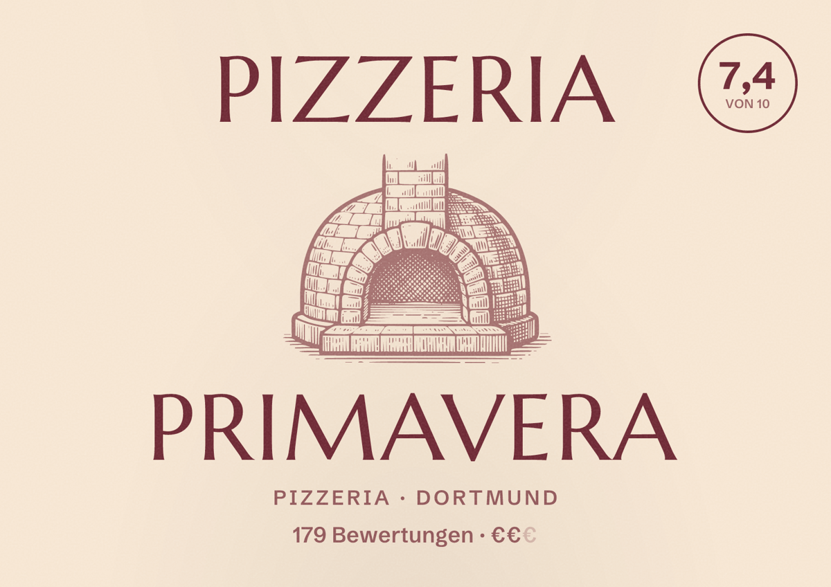 Illustriertes Poster von Pizzeria PrimaVera, Pizzeria in Dortmund: Bewertung 7,4 von 10 aus 179 Bewertungen, Preisniveau €€